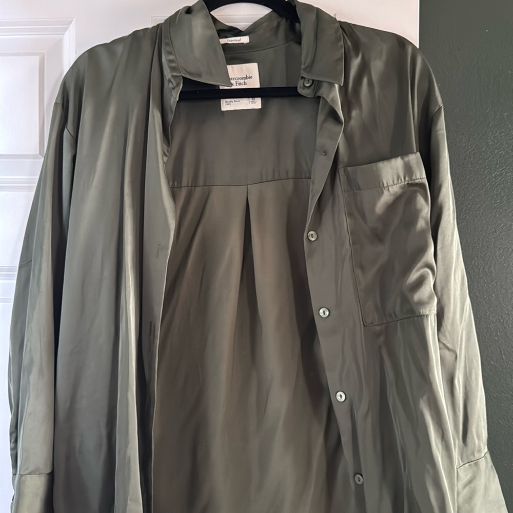 Green satin oversized button down